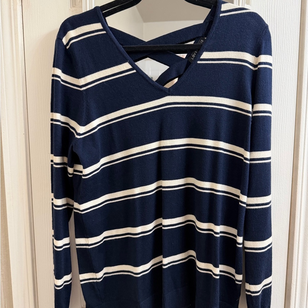 Navy and White Striped V-Neck Sweater